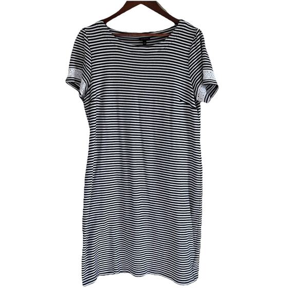 Talbots Cotton Black & White Striped Round Neck Knee Length Shift Dress Size L - Picture 1 of 10